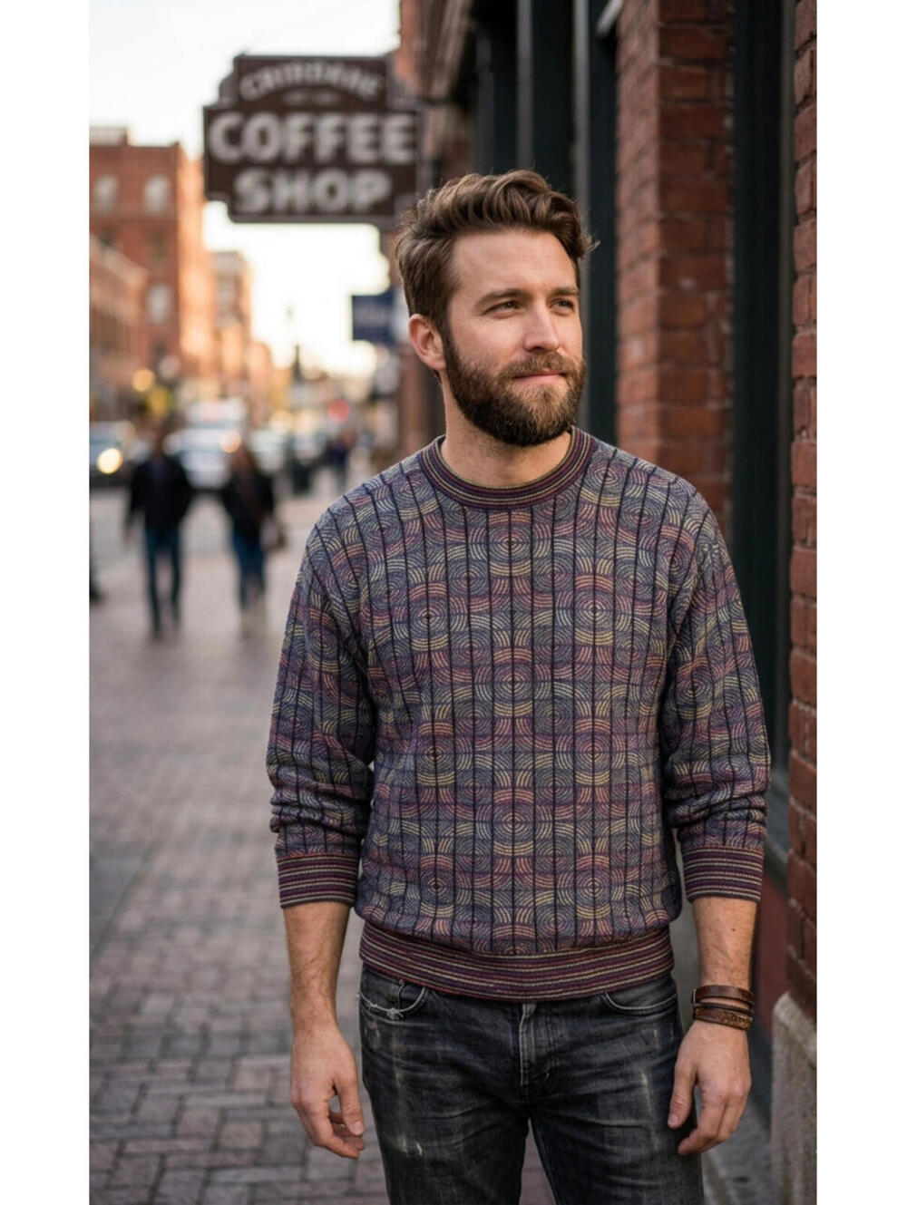 VINTAGE Men's Jhane Barnes Geometric OP Art Sweater MEDIUM Knit Woven Wool Blend